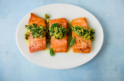 Seared Coho Salmon with Green Olive Salsa