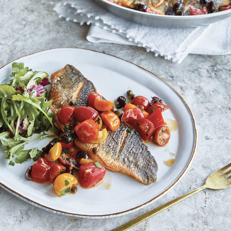 Pan Seared Branzino with Tomato and Capers