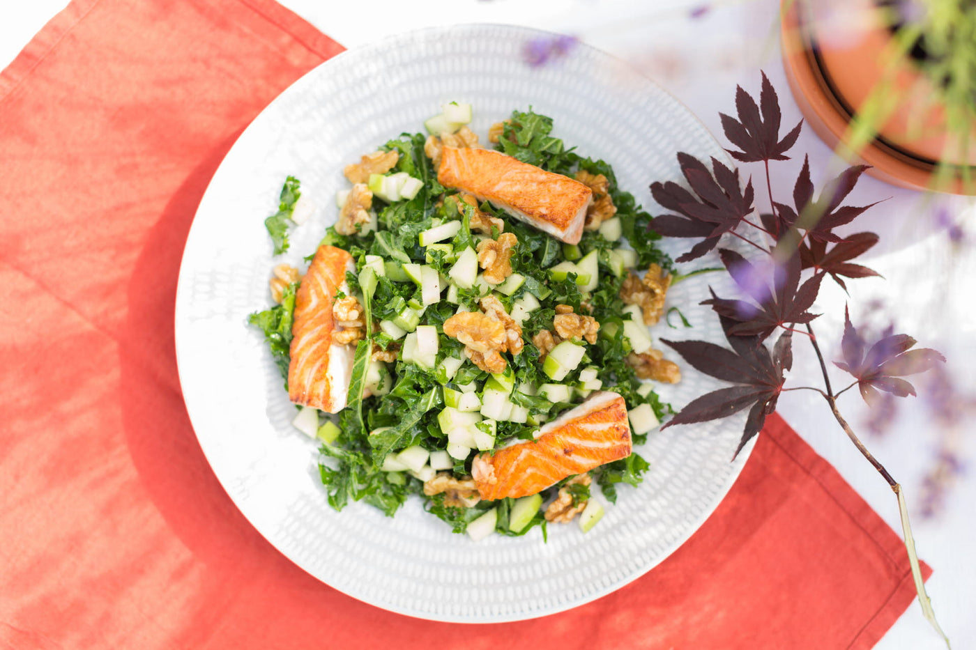 Salmon with Kale Apple Walnut Salad