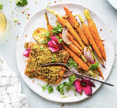Sheet Pan Pistachio Crusted Salmon with Glazed Carrots