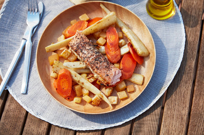 Grilled Honey-Marinated Salmon with Roasted Root Vegetables