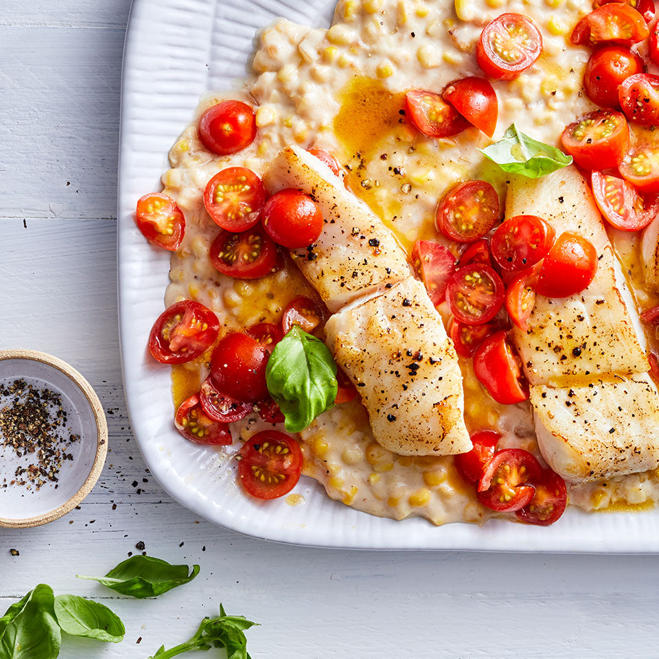 Pan-Seared Halibut with Creamed Corn & Tomatoes