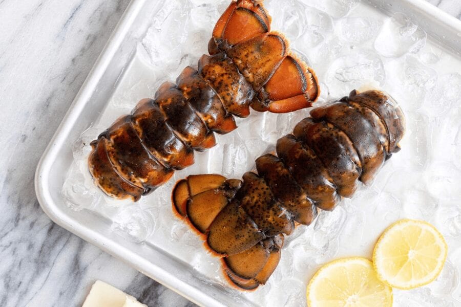 raw lobster tails on ice tray