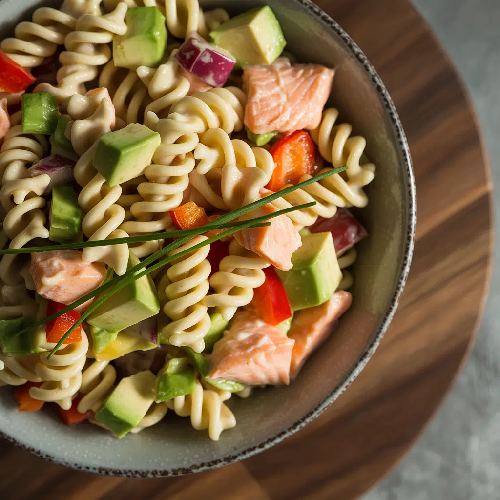 A bowl of pasta salad featuring salmon, avocado, and a variety of fresh vegetables.