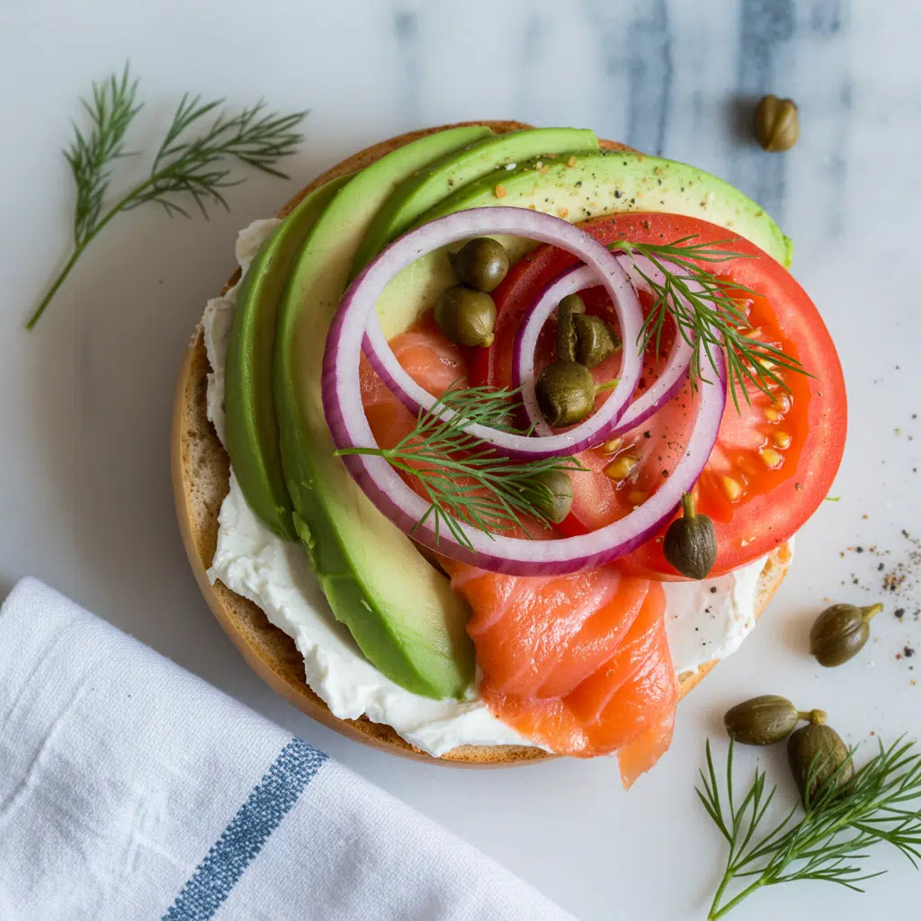 A delicious sandwich stacked with creamy avocado, crunchy onions, smoked salmon and juicy tomatoes, presented on a plate.