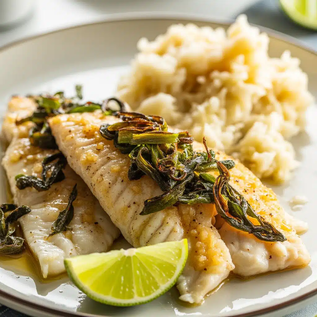 A serving of basa fish with rice, garnished with a lime wedge, arranged neatly on a plate.