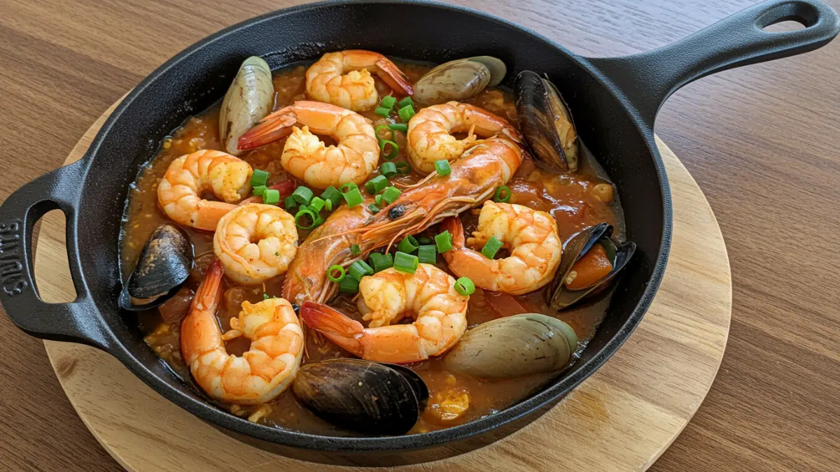 Shrimp and shellfish stew simmered in a rich tomato-based sauce, with chopped green onions, in a black cast iron skillet on a trivet