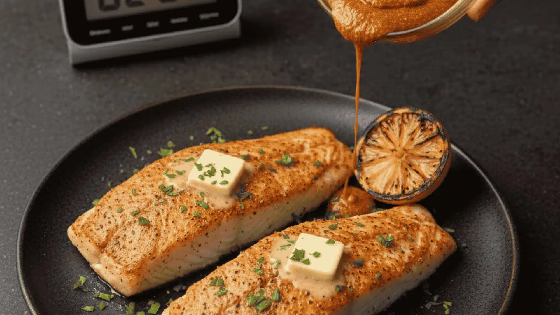 broiled cod resting with butter parsley and lemon wedges before serving