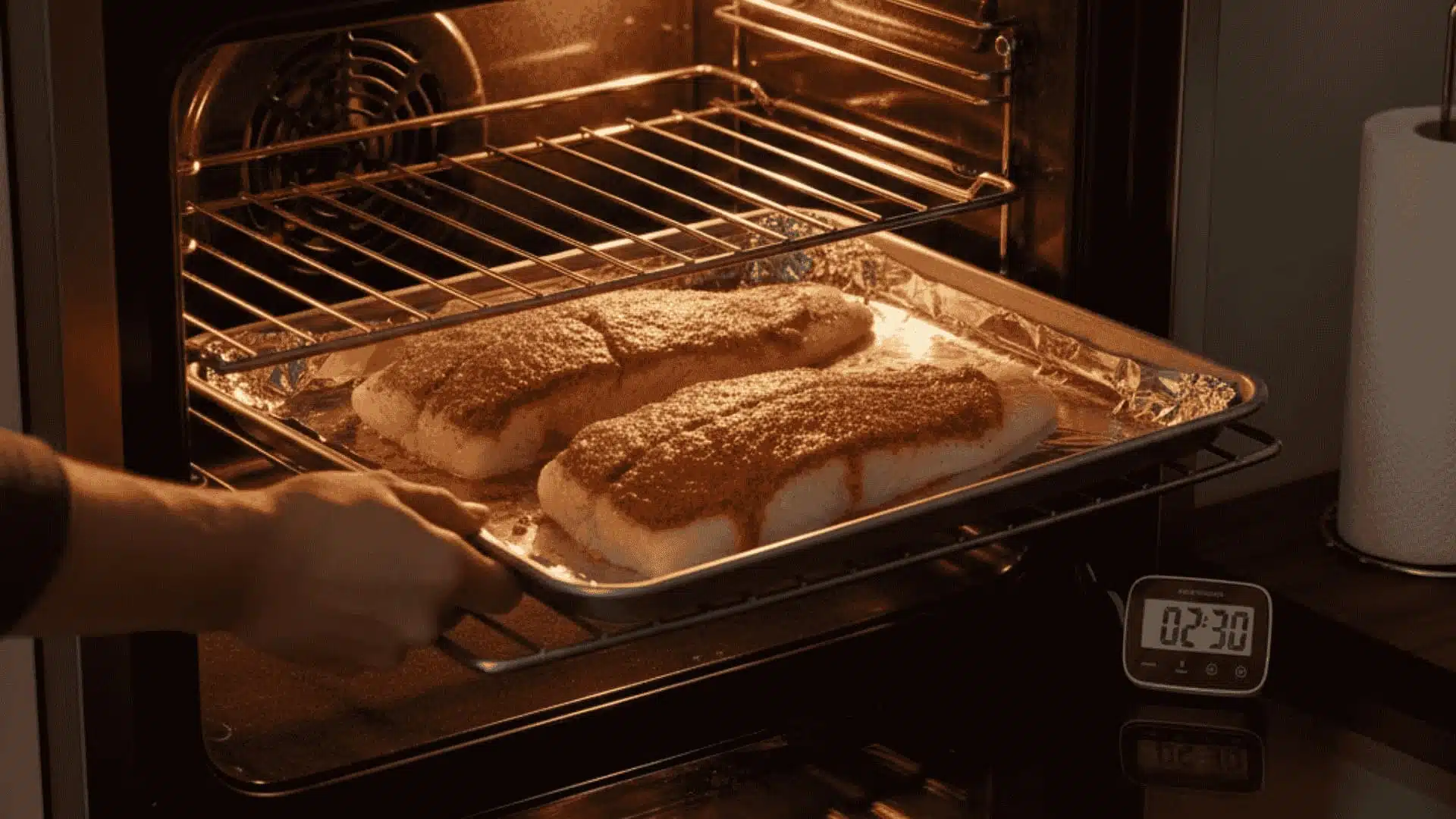 cod fillets broiling under high heat - edges turning white and lightly golden