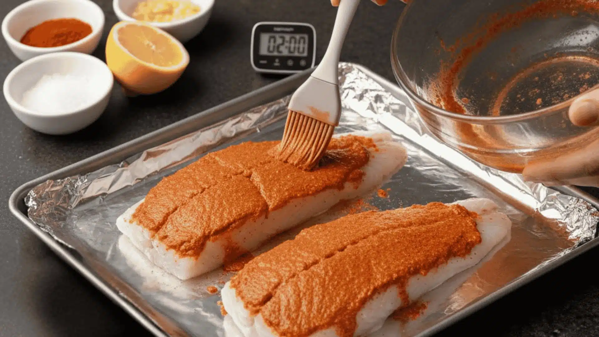cod fillets brushed evenly with garlic lemon seasoning paste on baking sheet
