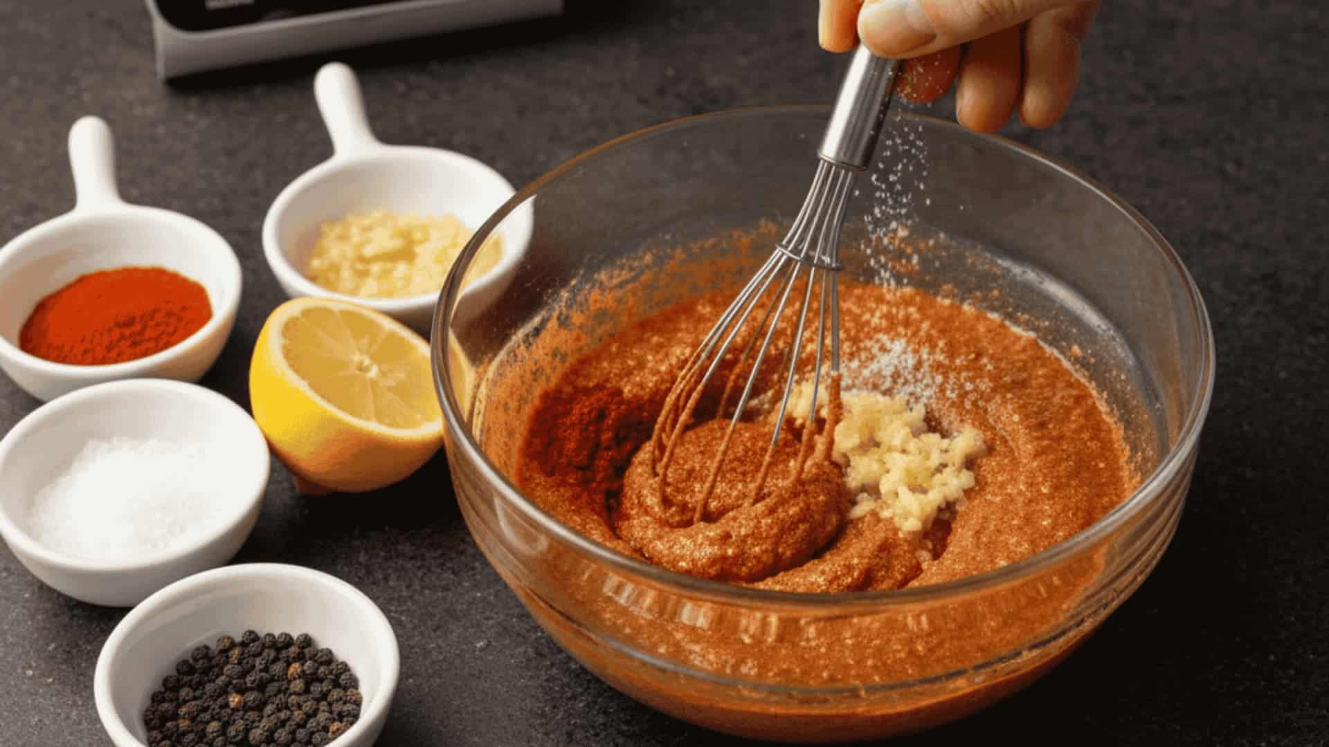 olive oil lemon juice garlic and spices mixed into seasoning paste for cod