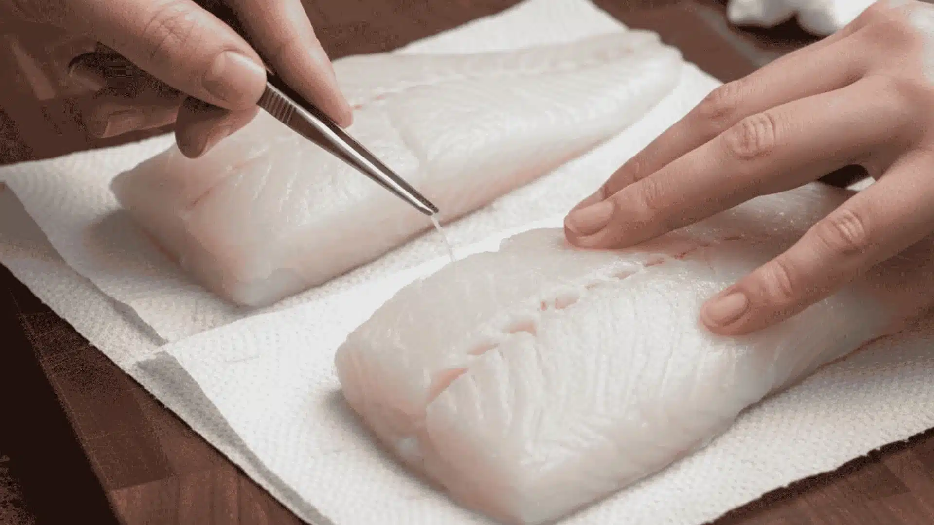 raw cod fillets patted dry with paper towels - checking for bones before broiling