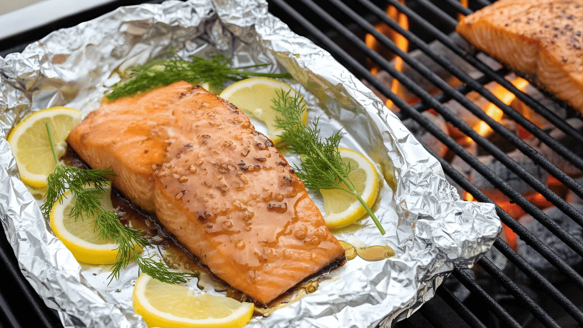salmon-fillet-brushed-with-glaze-on-foil-lined-grill with lemon slices and fresh dill over open flames