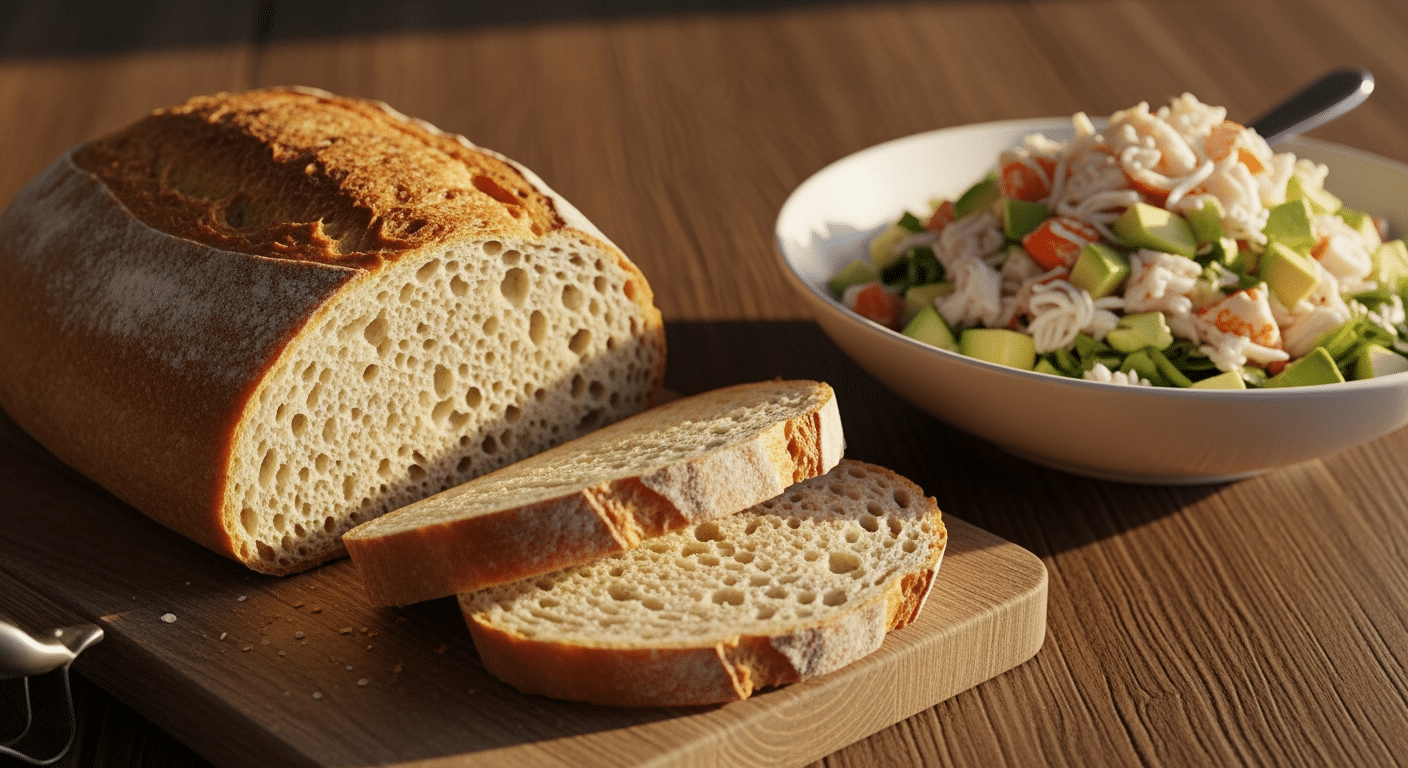 crab and avocado salad with crusty bread