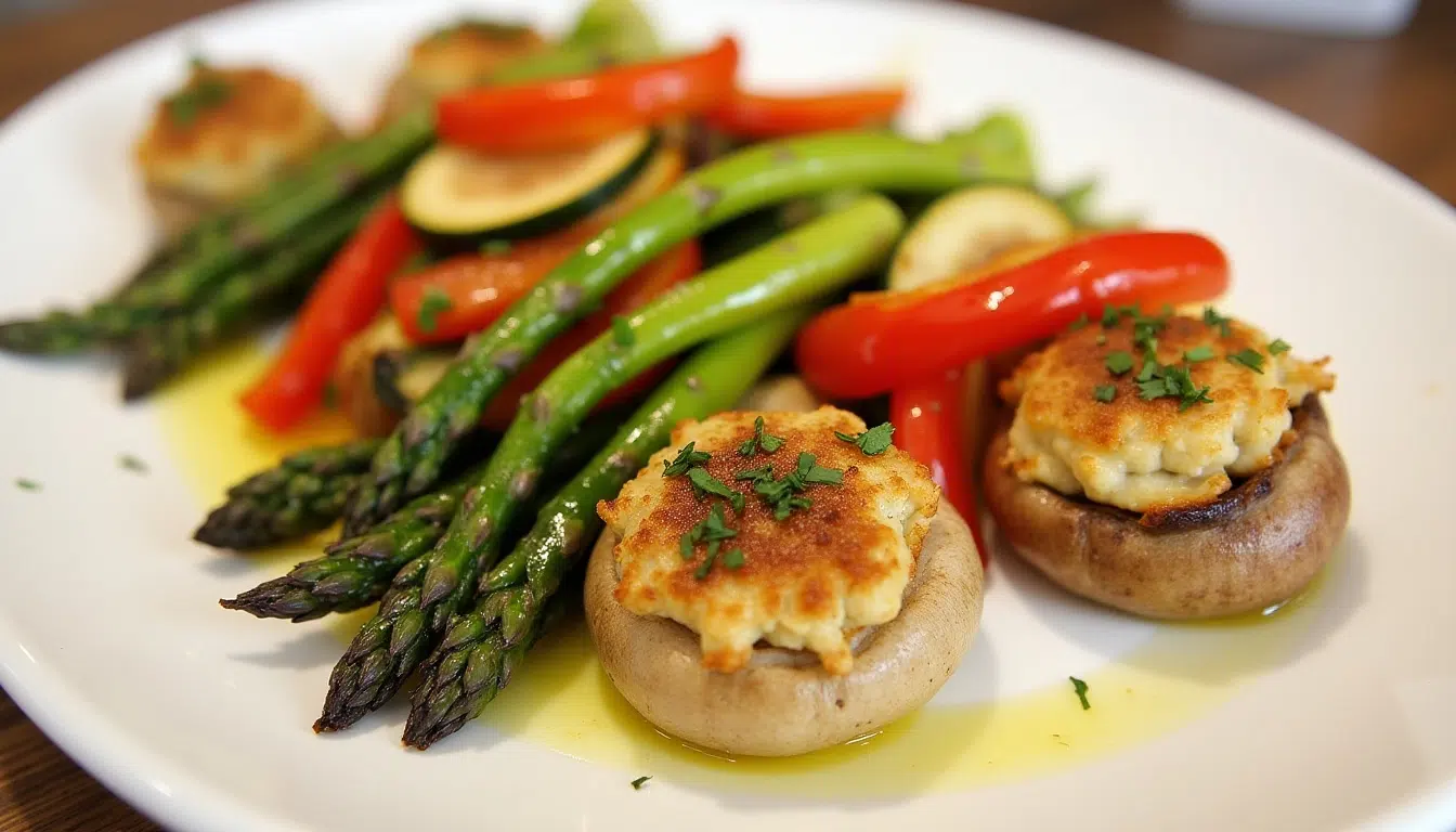 crab stuffed mushroom with roasted veges