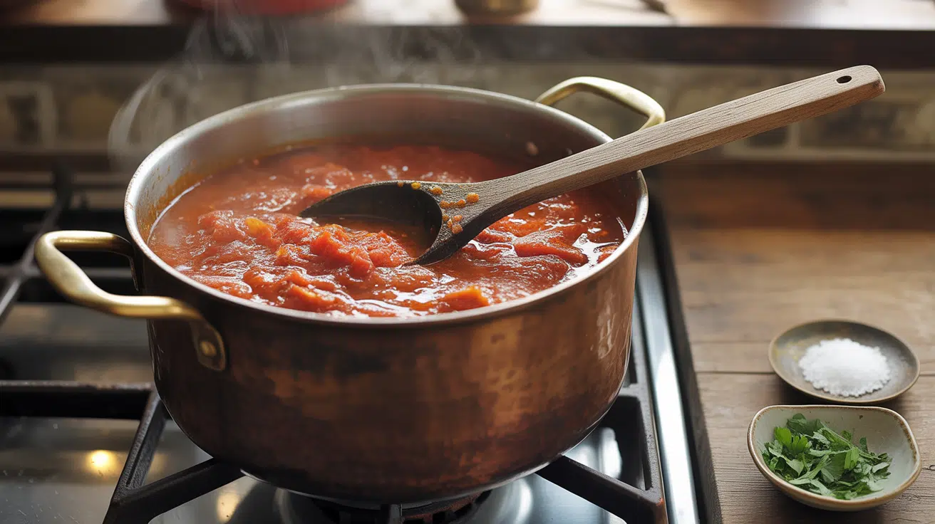 step 4 adding tomatoes and simmering them into a rich broth