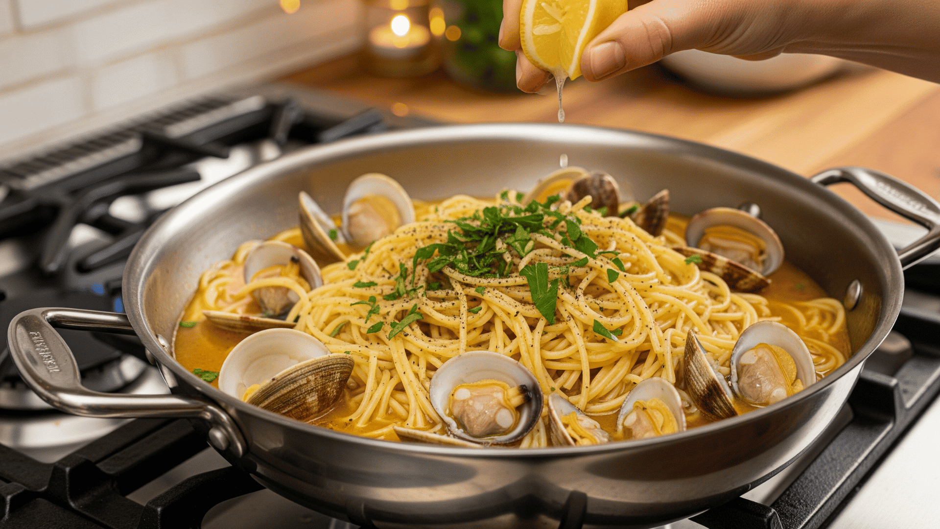 step 5 combining pasta juices and clams