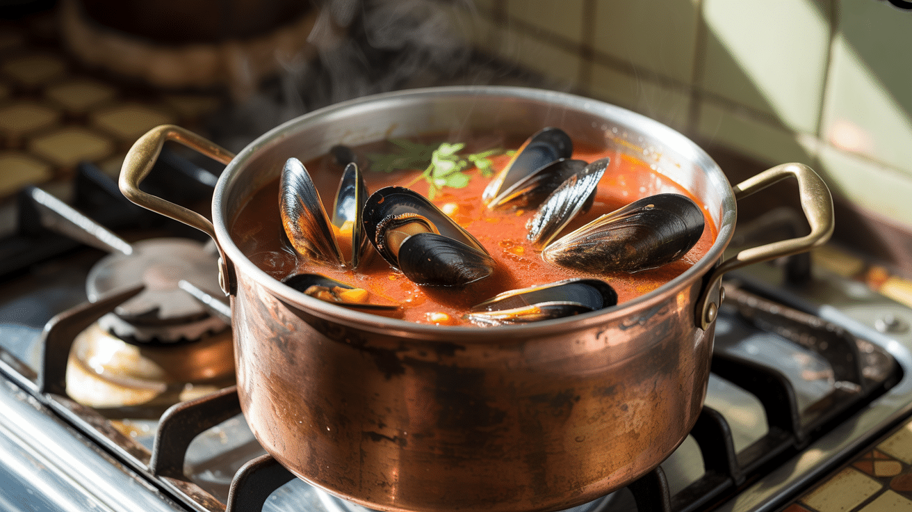 step 5 steaming the mussels until they open
