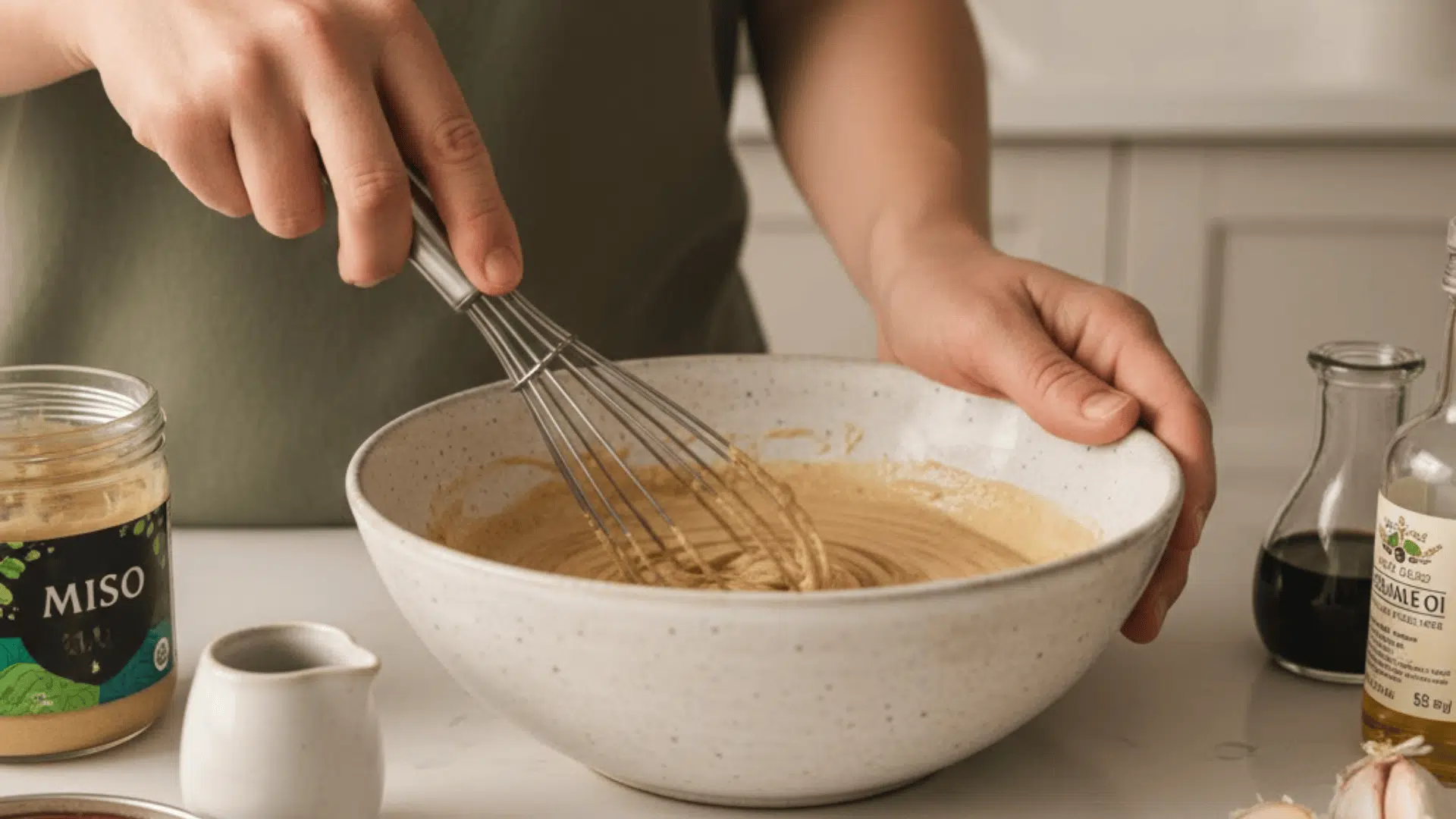 whisking miso glaze in a bowl with miso paste honey garlic and soy sauce on a kitchen counter