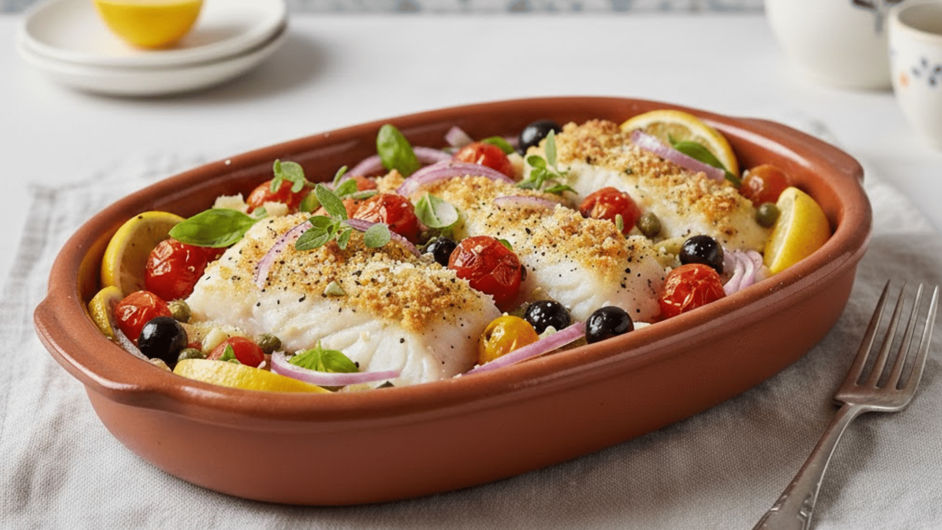 Baked black cod fillets topped with breadcrumbs, cherry tomatoes, black olives, red onion, and lemon slices in a terracotta baking dish.