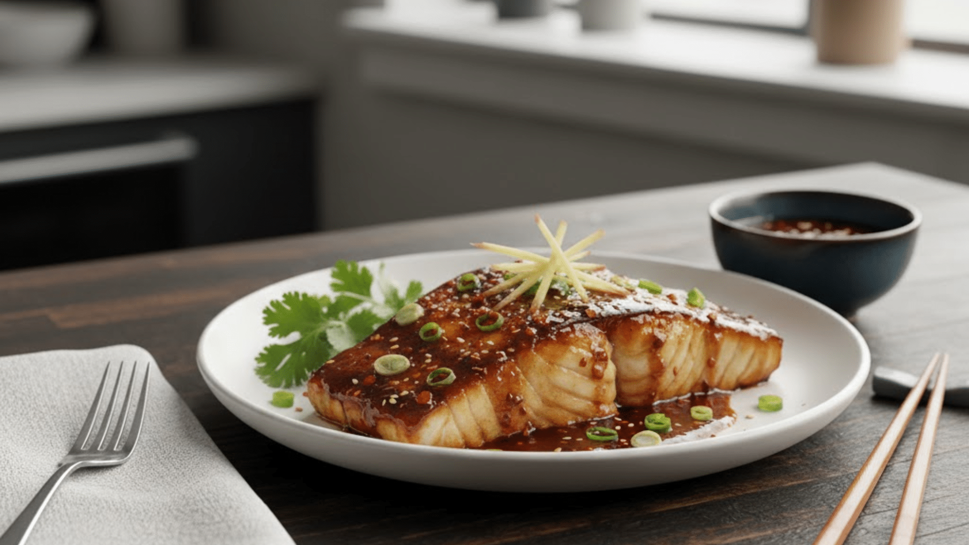Glazed black cod fillet topped with sesame seeds, scallions, and julienned ginger served on a white plate with a side of hoisin ginger sauce and chopsticks nearby.