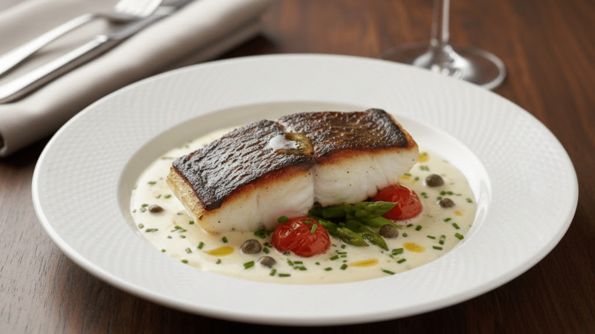 Pan seared black cod fillet served on asparagus and cherry tomatoes in a creamy sauce on a white textured plate.