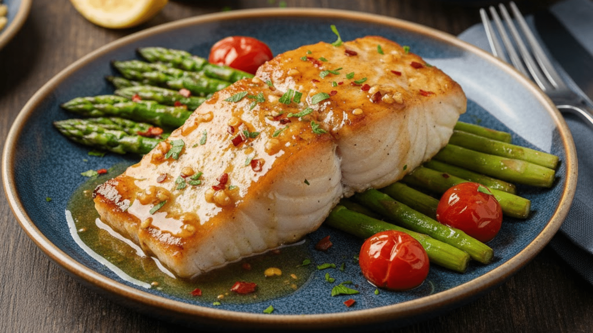 Seared black cod fillet glazed with sauce, served over green asparagus spears and cherry tomatoes on a blue plate with white rice in the background.