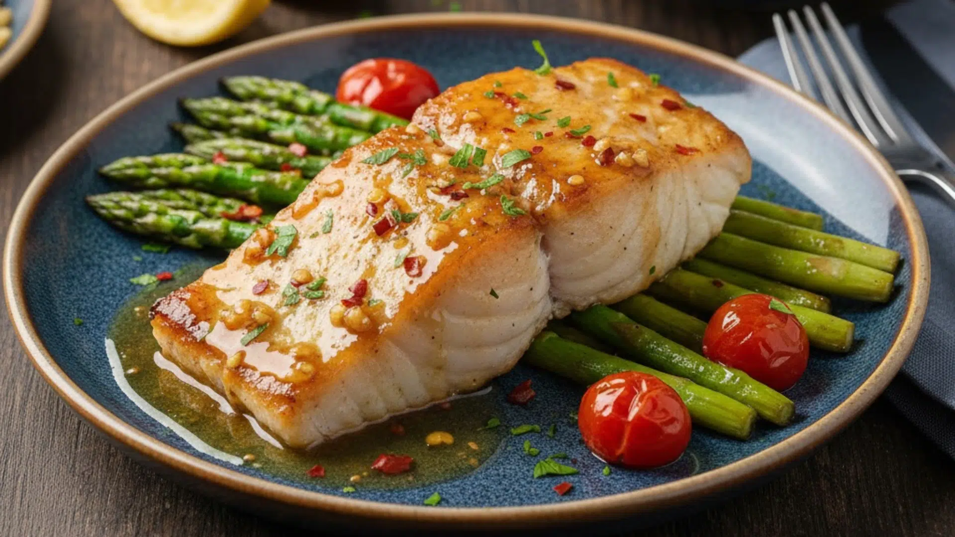 Seared black cod fillet glazed with sauce, served over green asparagus spears and cherry tomatoes on a blue plate with white rice in the background.