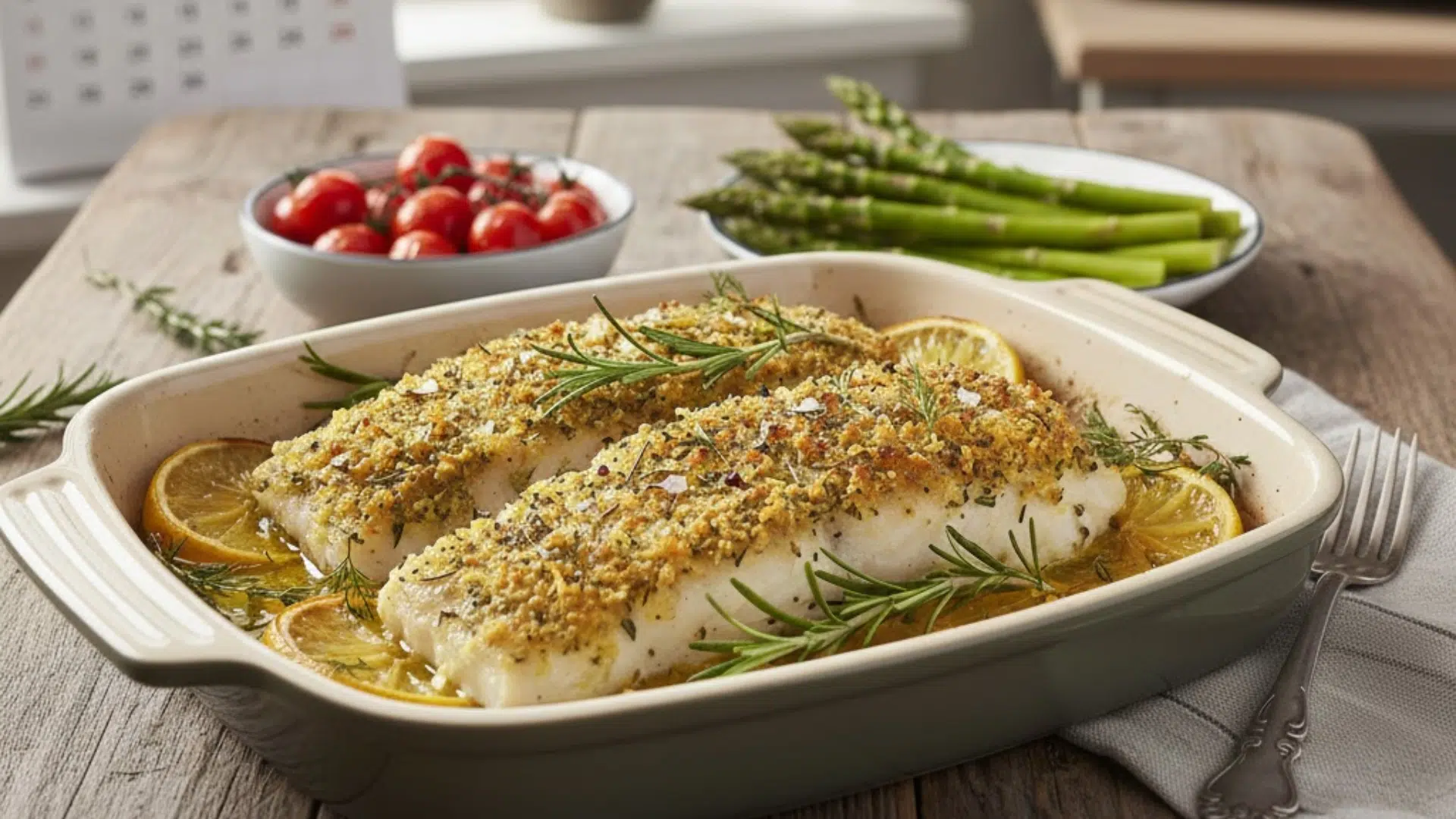 Seared cod fillet glazed with sauce, served over green asparagus spears and cherry tomatoes on a blue plate with white rice in the background.