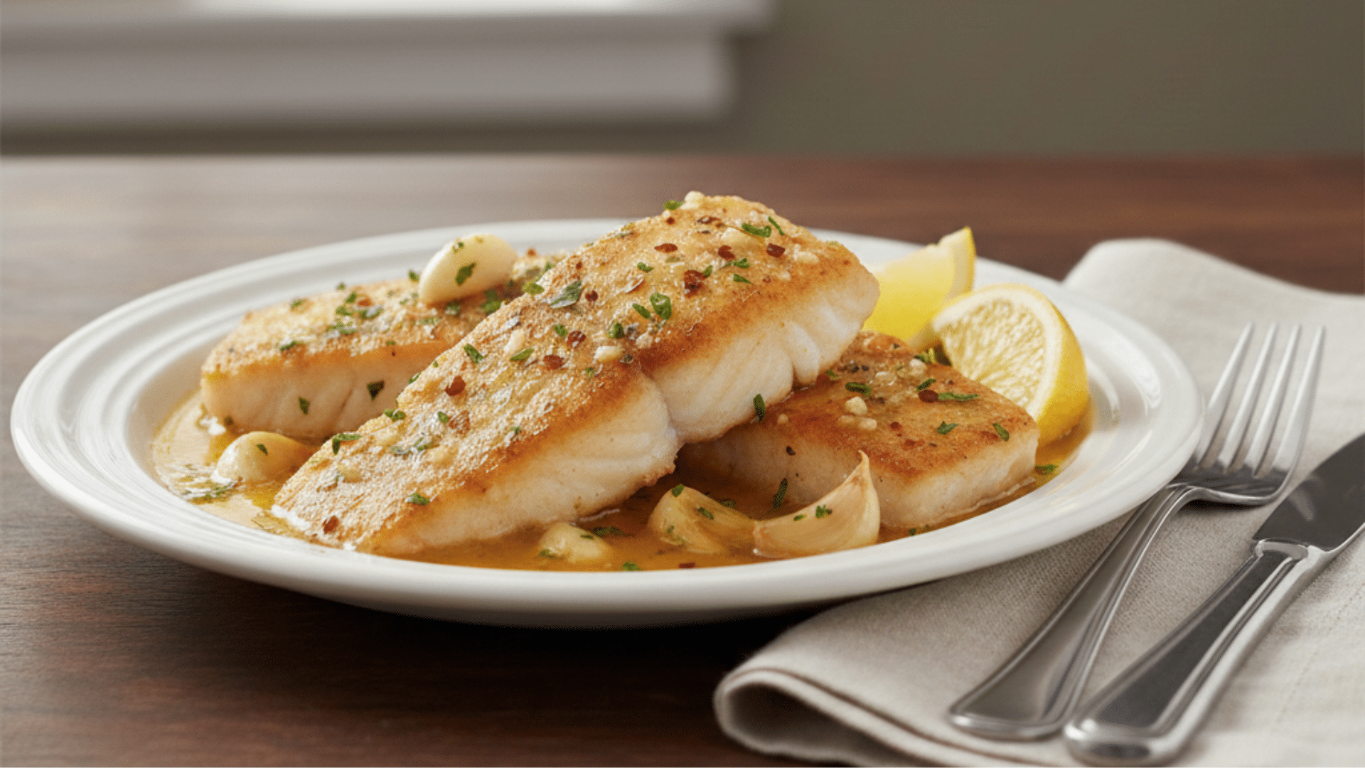 Three pan seared cod fillets are served in a garlic butter sauce with lemon wedges on a white plate next to silverware.