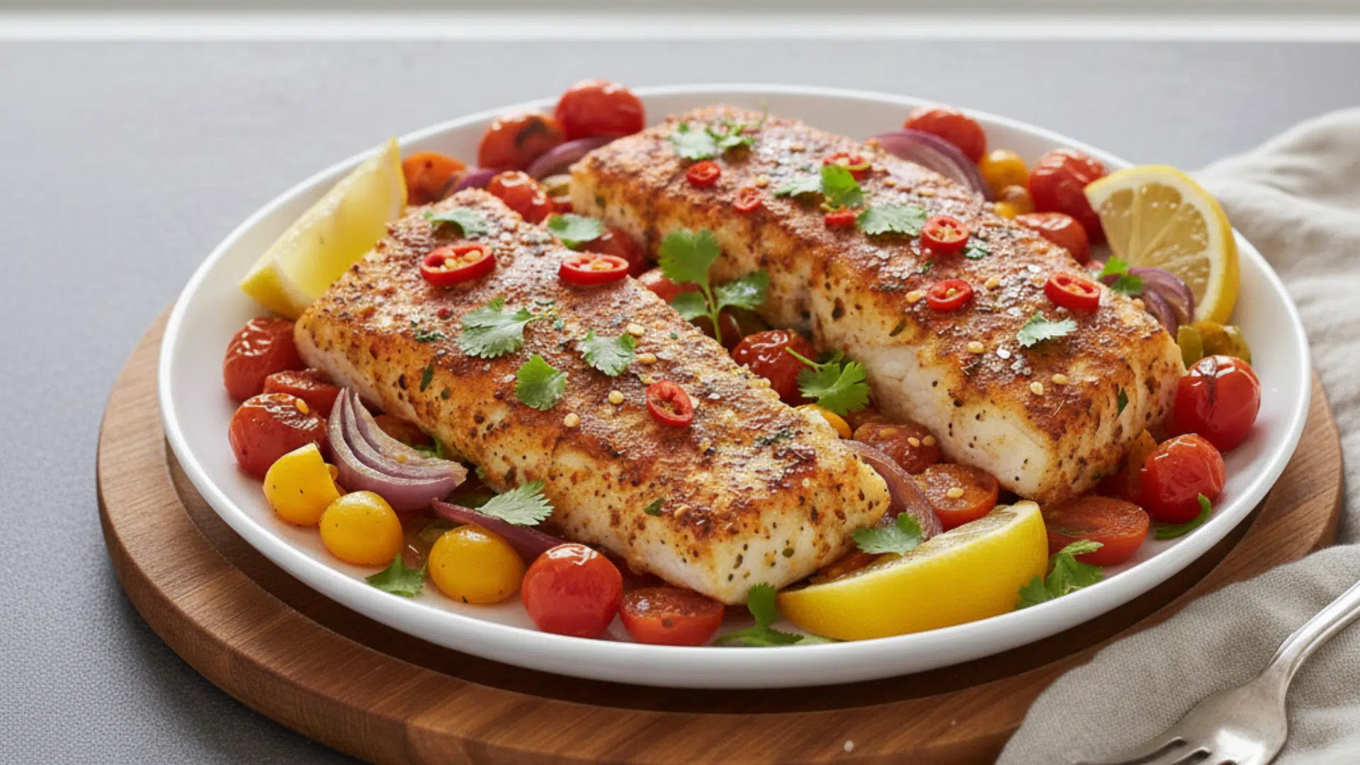Two seasoned cod fillets are served on a white plate with roasted cherry tomatoes, red onion wedges, and lemon slices, garnished with cilantro and chili peppers