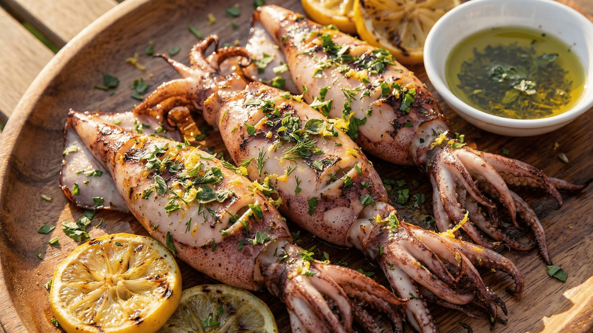 grilled squid with herb and lemon