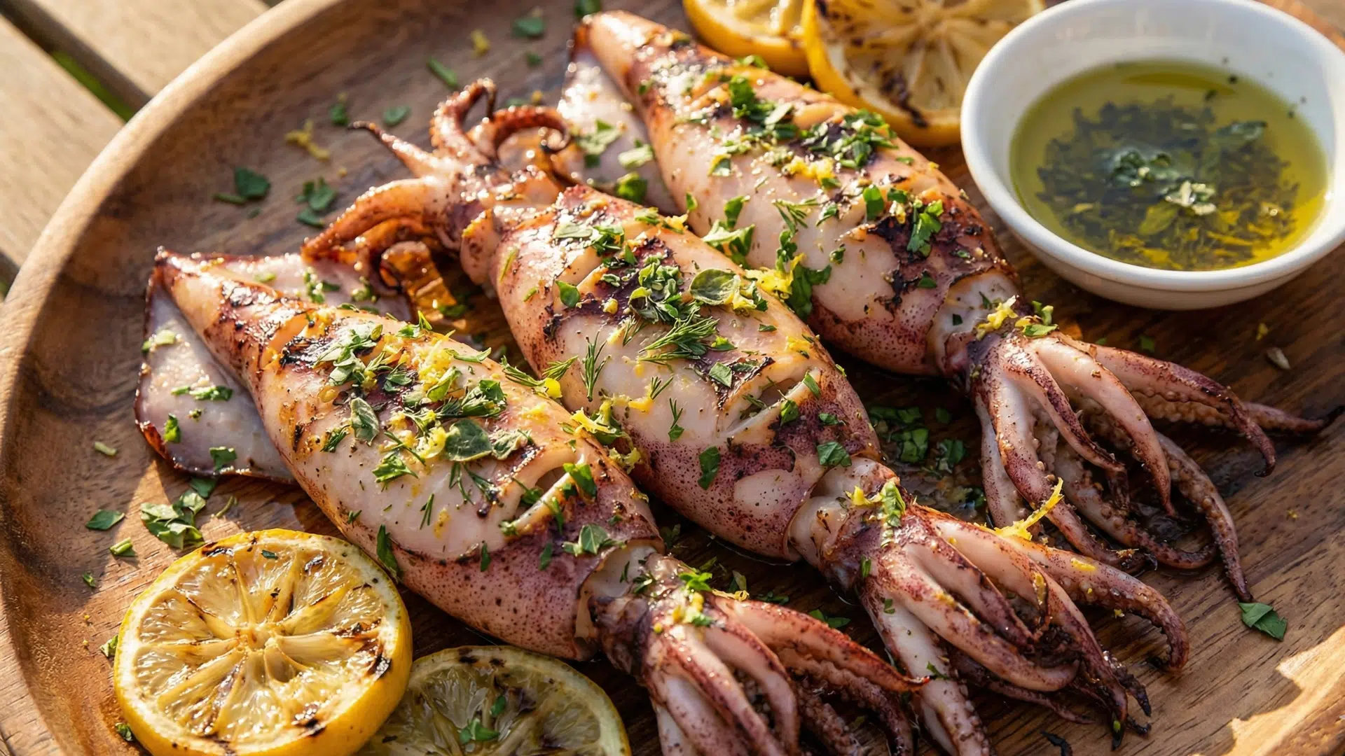 grilled squid with herb and lemon