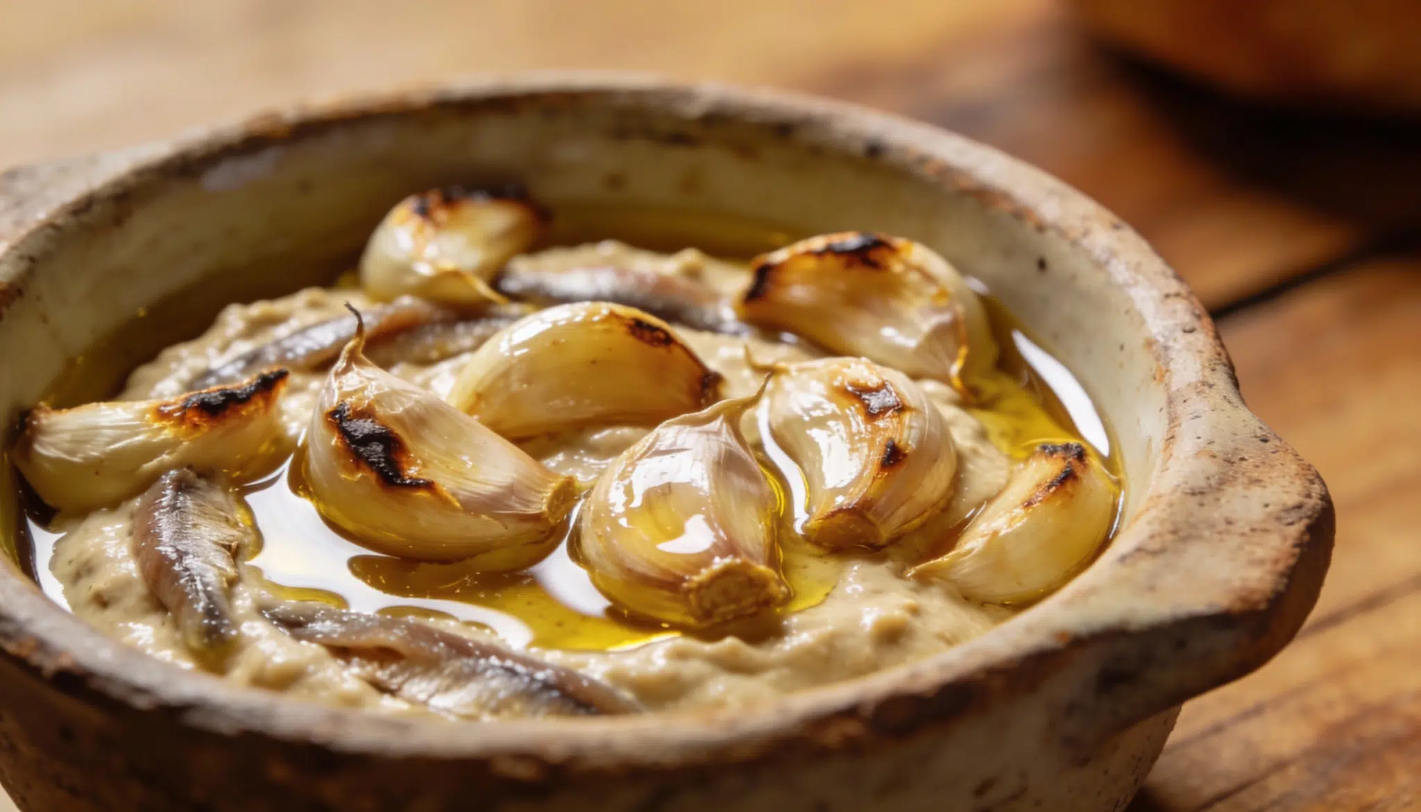 Bagna cauda in a rustic bowl with anchovies, roasted garlic cloves, and olive oil, served hot on a wooden table.