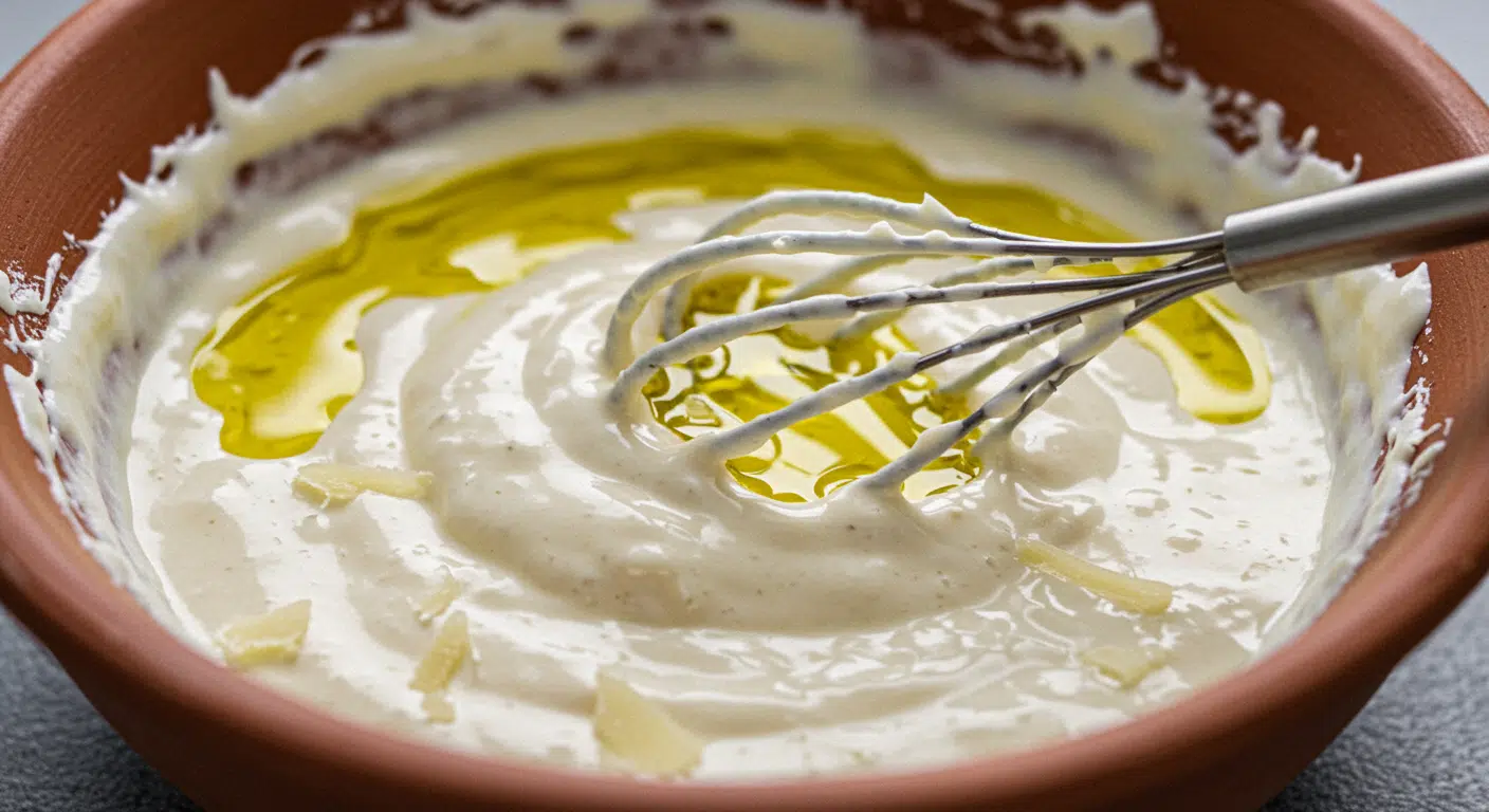 A Close up of creamy Caesar salad dressing in a bowl, with a whisk in the bowl and topped with olive oil and grated cheese.