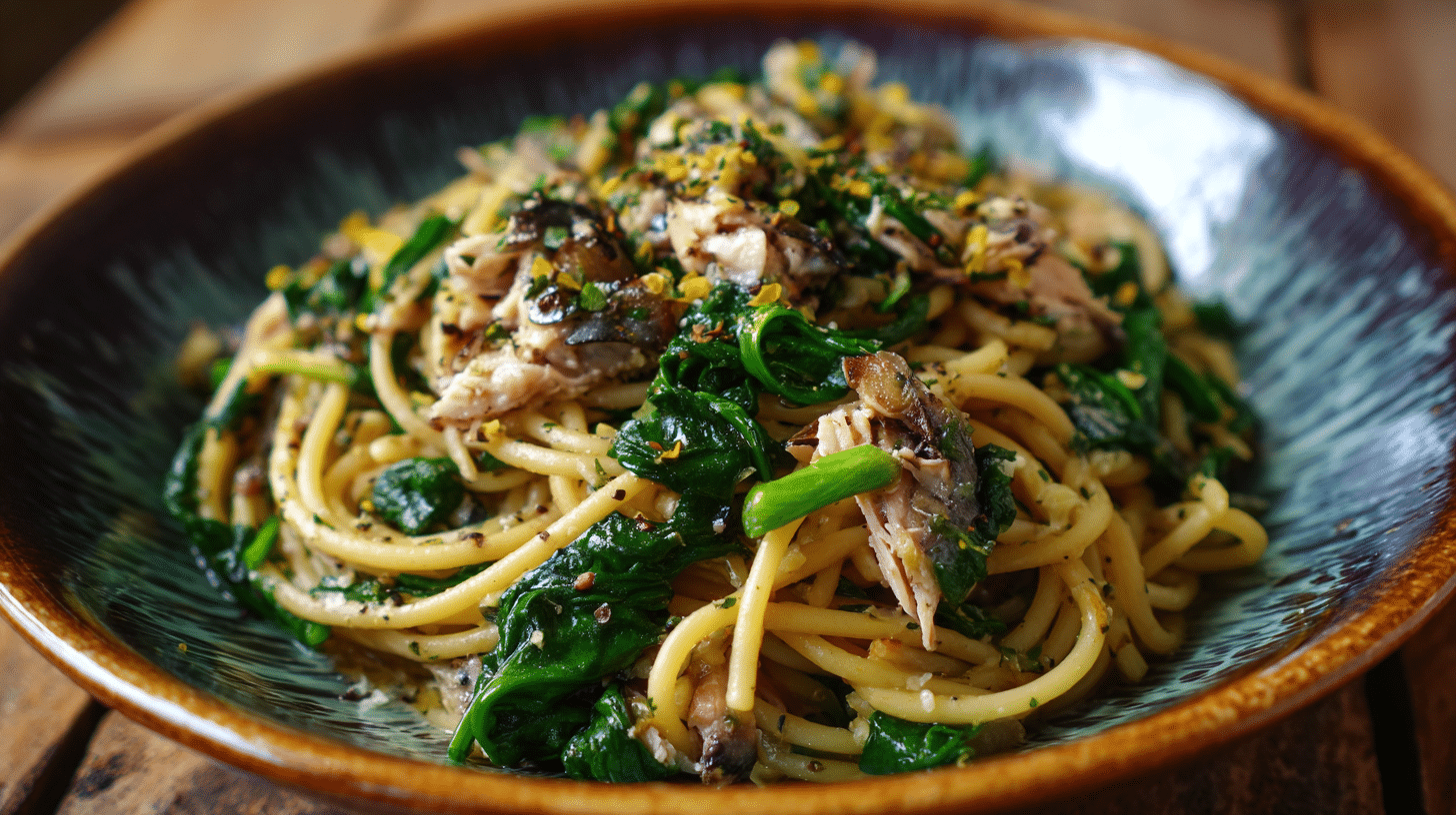 one pan sardine pasta with spinach and garlic