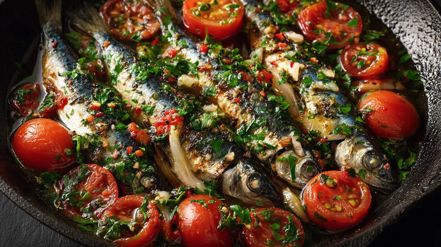 sardines with sliced tomatoes and herbs