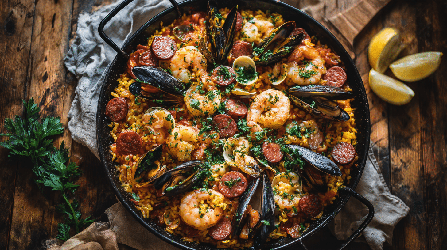seafood and chorizo paella