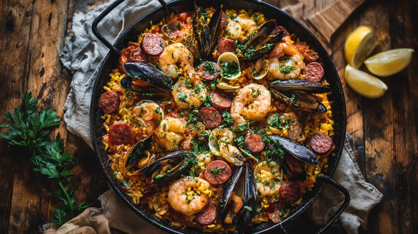seafood and chorizo paella