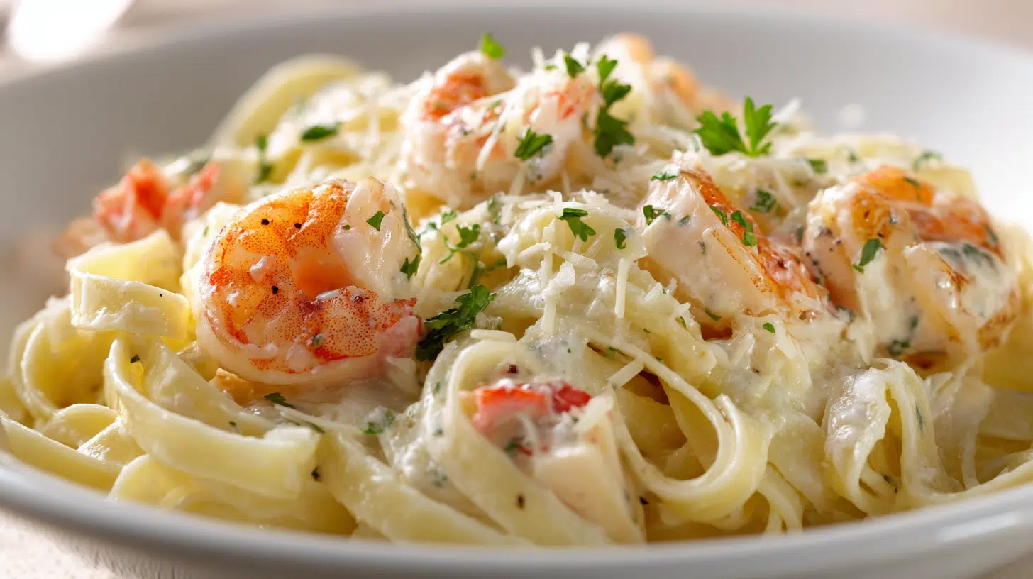 seafood fettuccine in white sauce