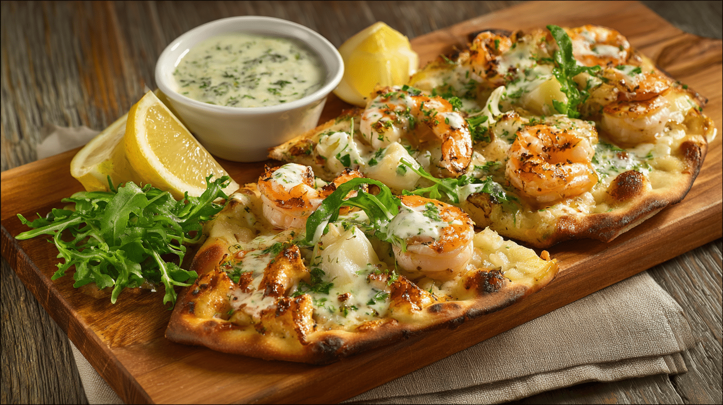 seafood flatbread with lemon herb sauce