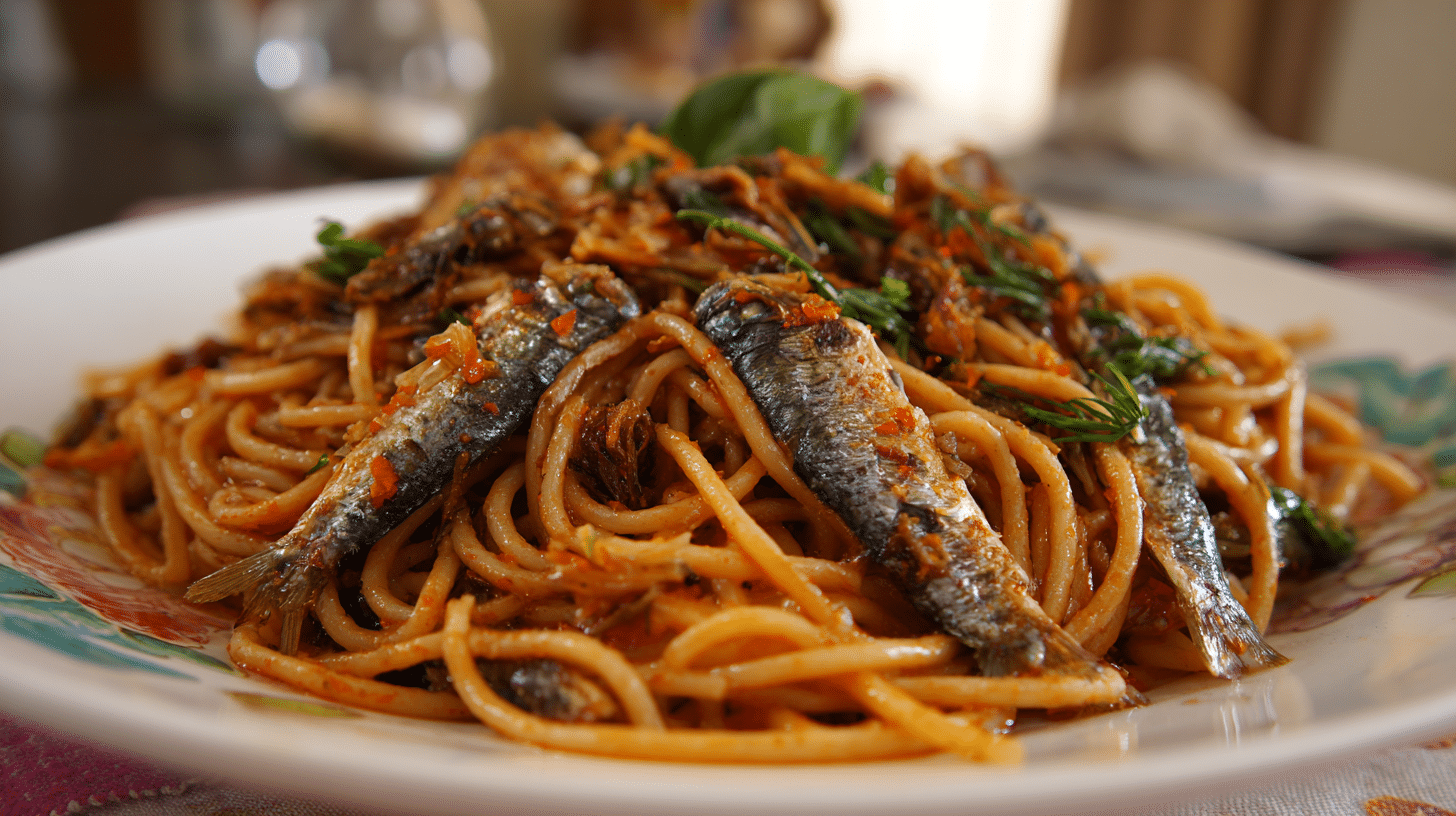 spicy sardine pasta with chili flakes
