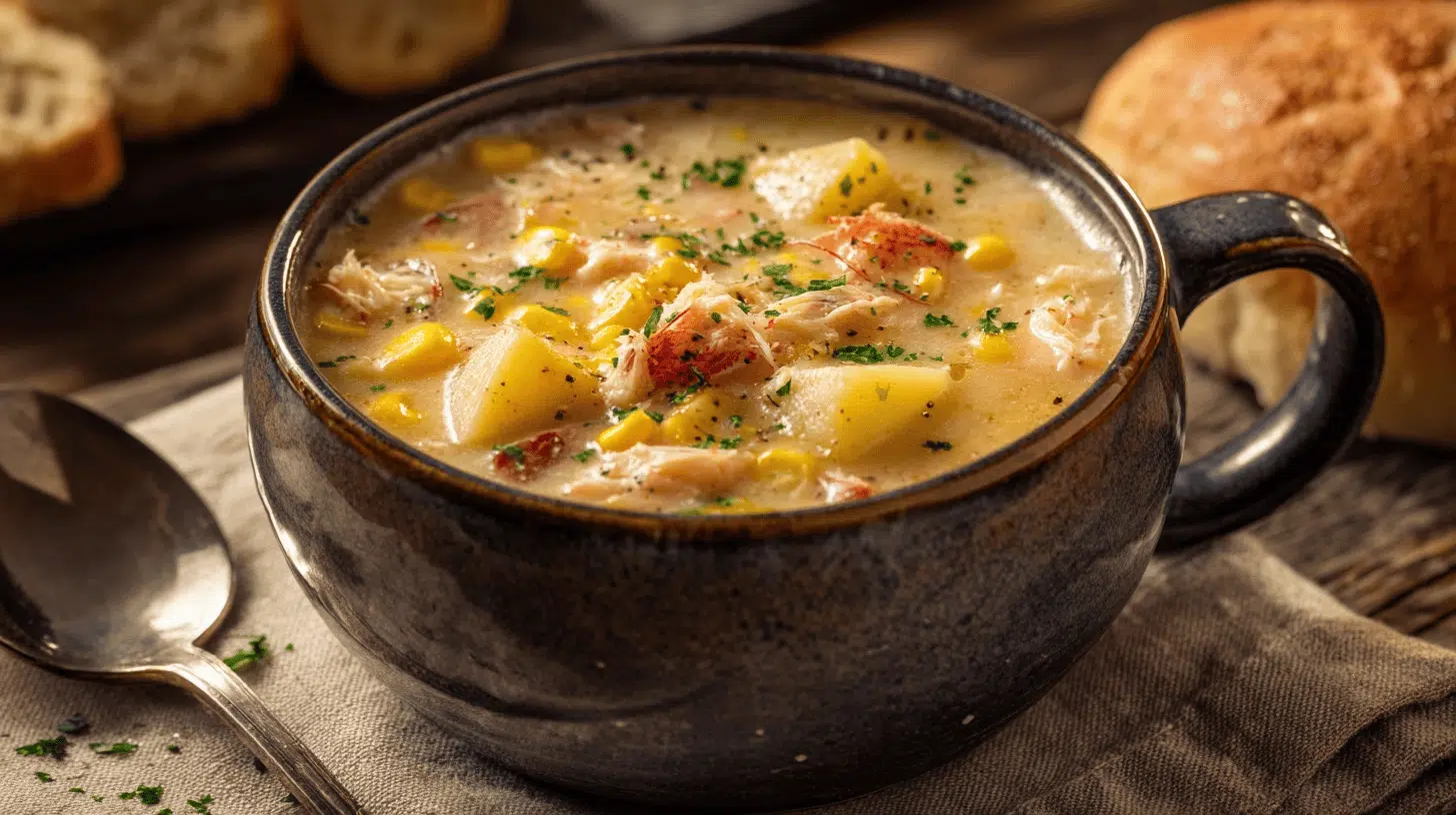 A bowl of Crab and Corn Chowder featuring corn, potatoes, and melted cheese