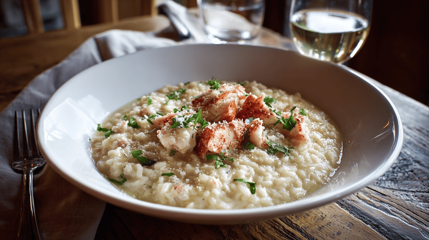 A bowl of Dungeness Crab Risotto topped with lobster and fresh herbs, showcasing a creamy and flavorful dish