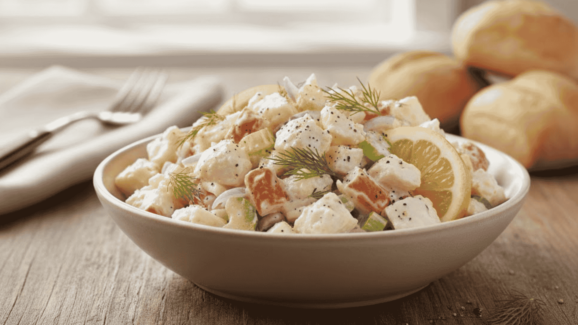 A bowl of creamy seafood salad mixed with celery, red onion, and crab, garnished with lemon and dill, sits on a rustic wooden table