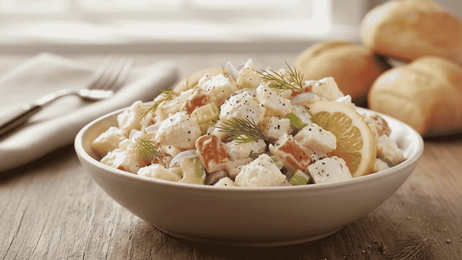A bowl of creamy seafood salad mixed with celery, red onion, and crab, garnished with lemon and dill, sits on a rustic wooden table