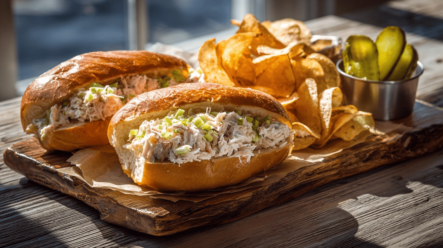 A chicken sandwich with chips served on a wooden tray, alongside a menu item labeled 'Dungeness Crab Rolls