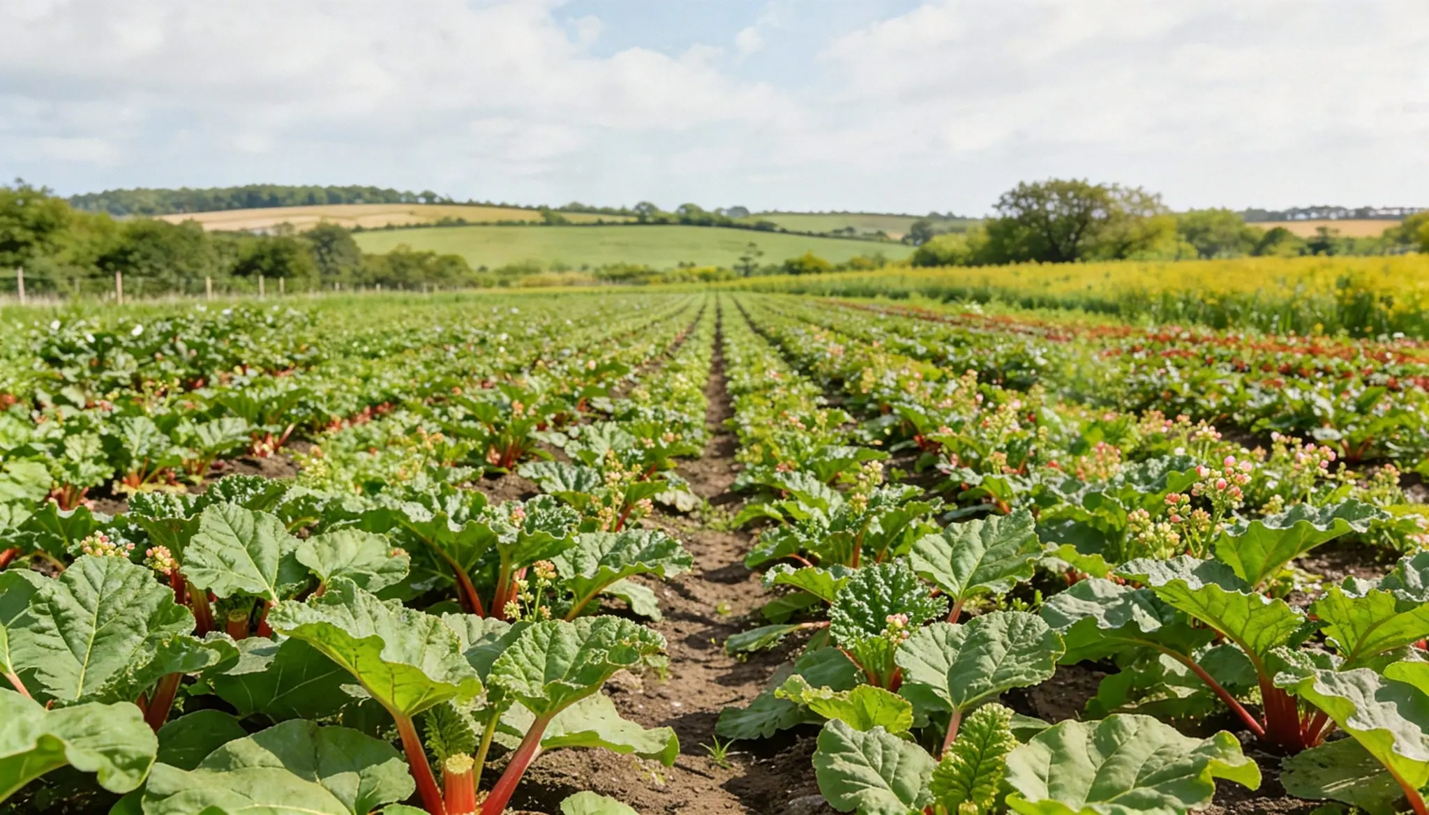 A lush field filled with green healthy rhubarb plants ready for harvest