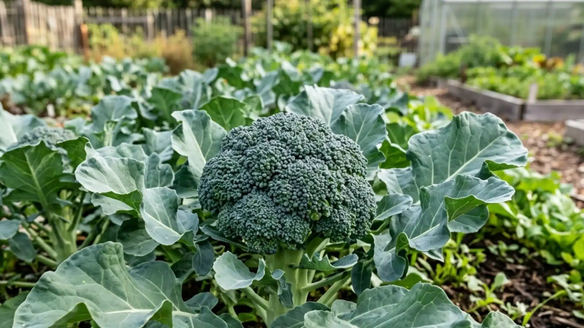 A mature head of deep green broccoli with large surrounding leaves growing in a lush garden with a greenhouse visible in the background.