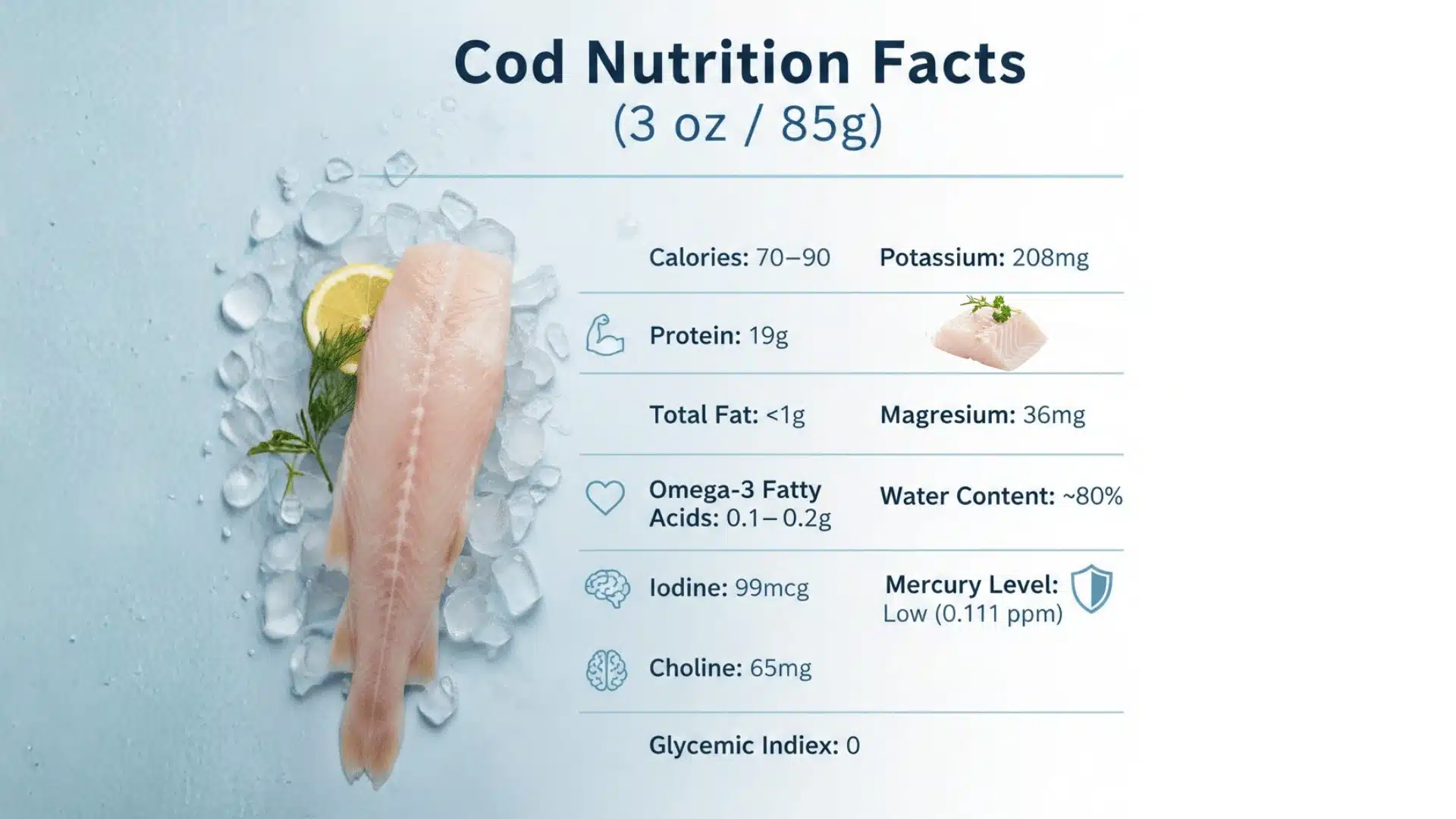 A nutritional value card that depicts all major nutritional value of cod